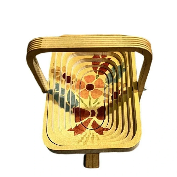 Vintage Collapsible Accordion Wood Folding Fruit Basket Bowl Hand Painted Signed